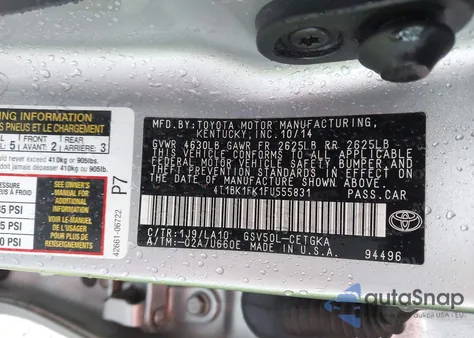 2015 Toyota Camry Xle V6 z USA, uszkodzony, nr VIN 4T1BK1FK1FU555831